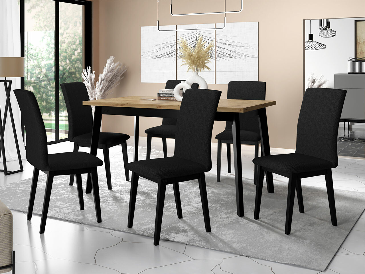 Conjunto de mesas y sillas para comedor Victorville 288 (Roble Artisan + Negro)