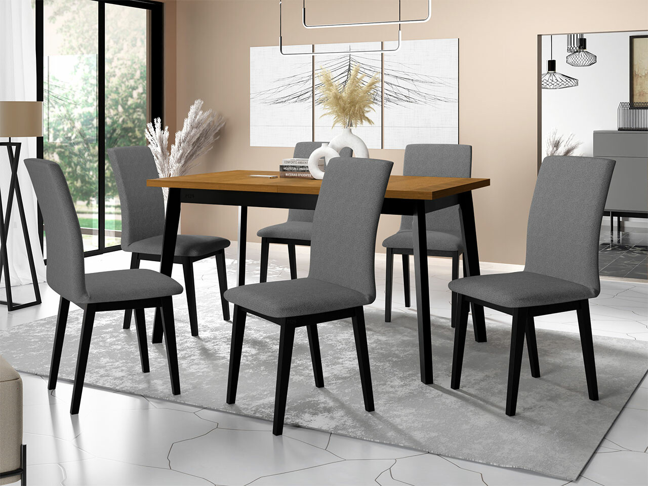 Conjunto de mesas y sillas para comedor Victorville 288 (Roble nieto + Negro)