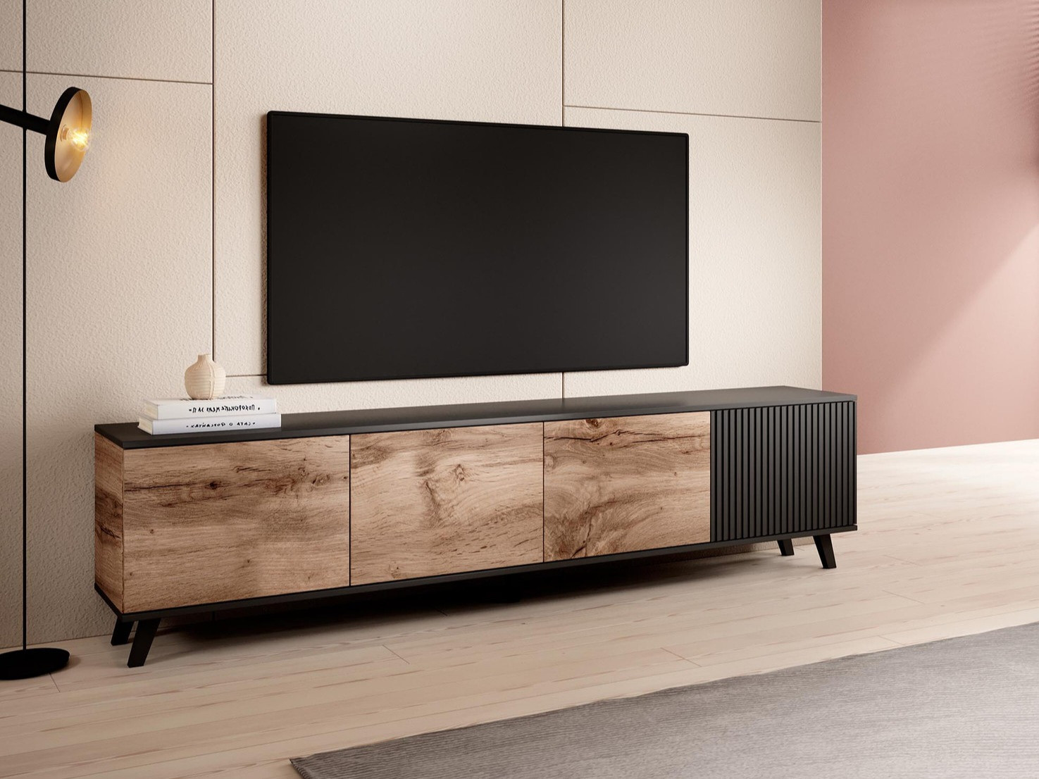 Mueble TV Luelia 114 (Negro + Roble wotan)