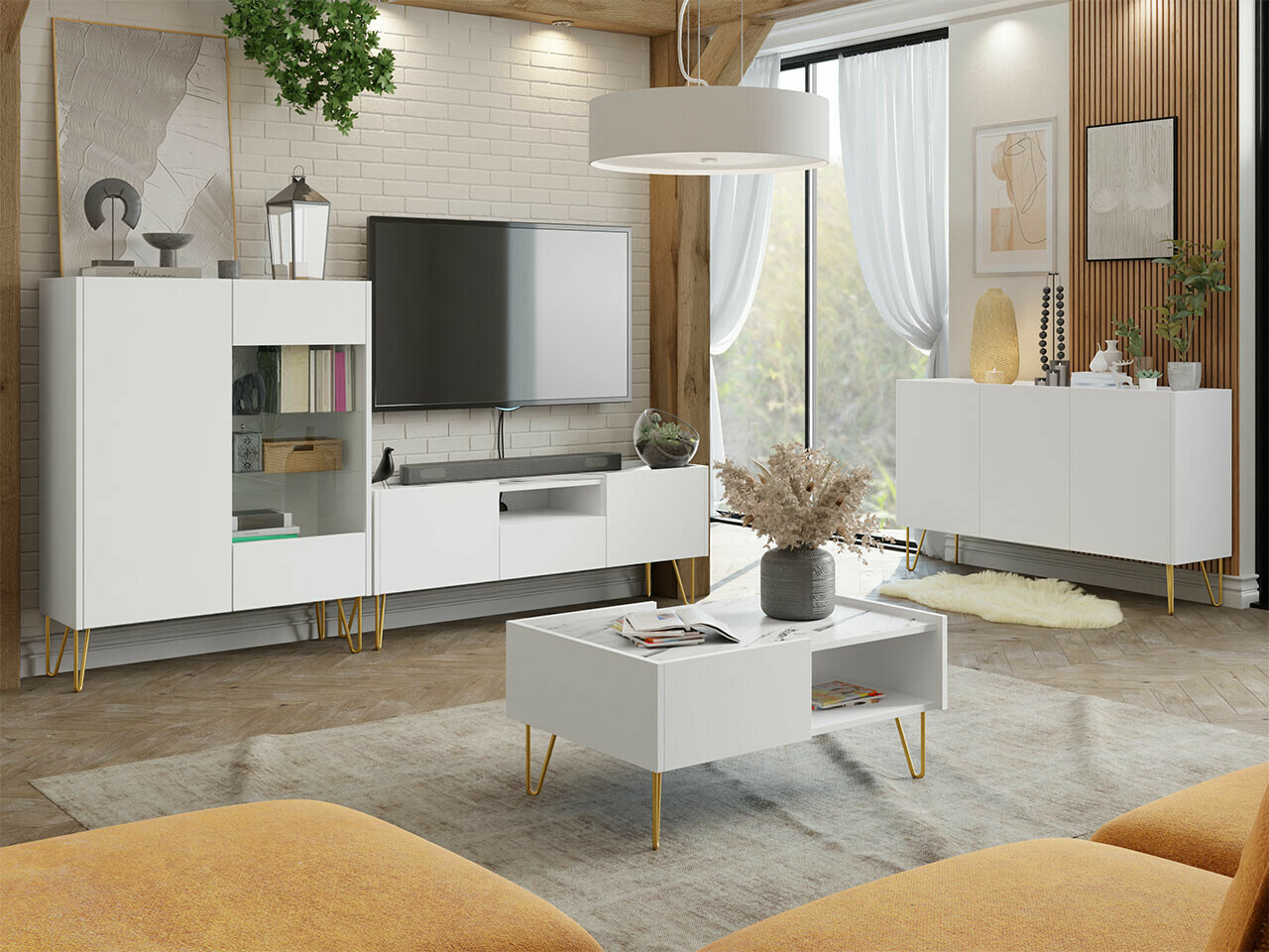 Conjunto de salón Levdale 105 (Blanco + Mármol blanco)