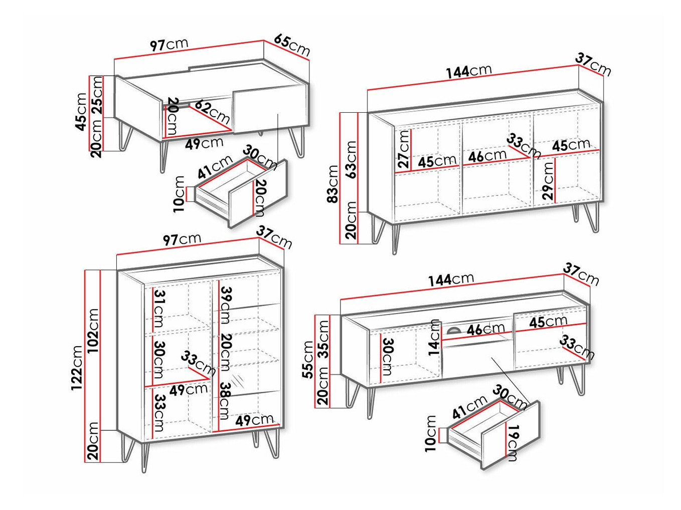 Conjunto de salón Levdale 105 (Blanco + Mármol blanco)