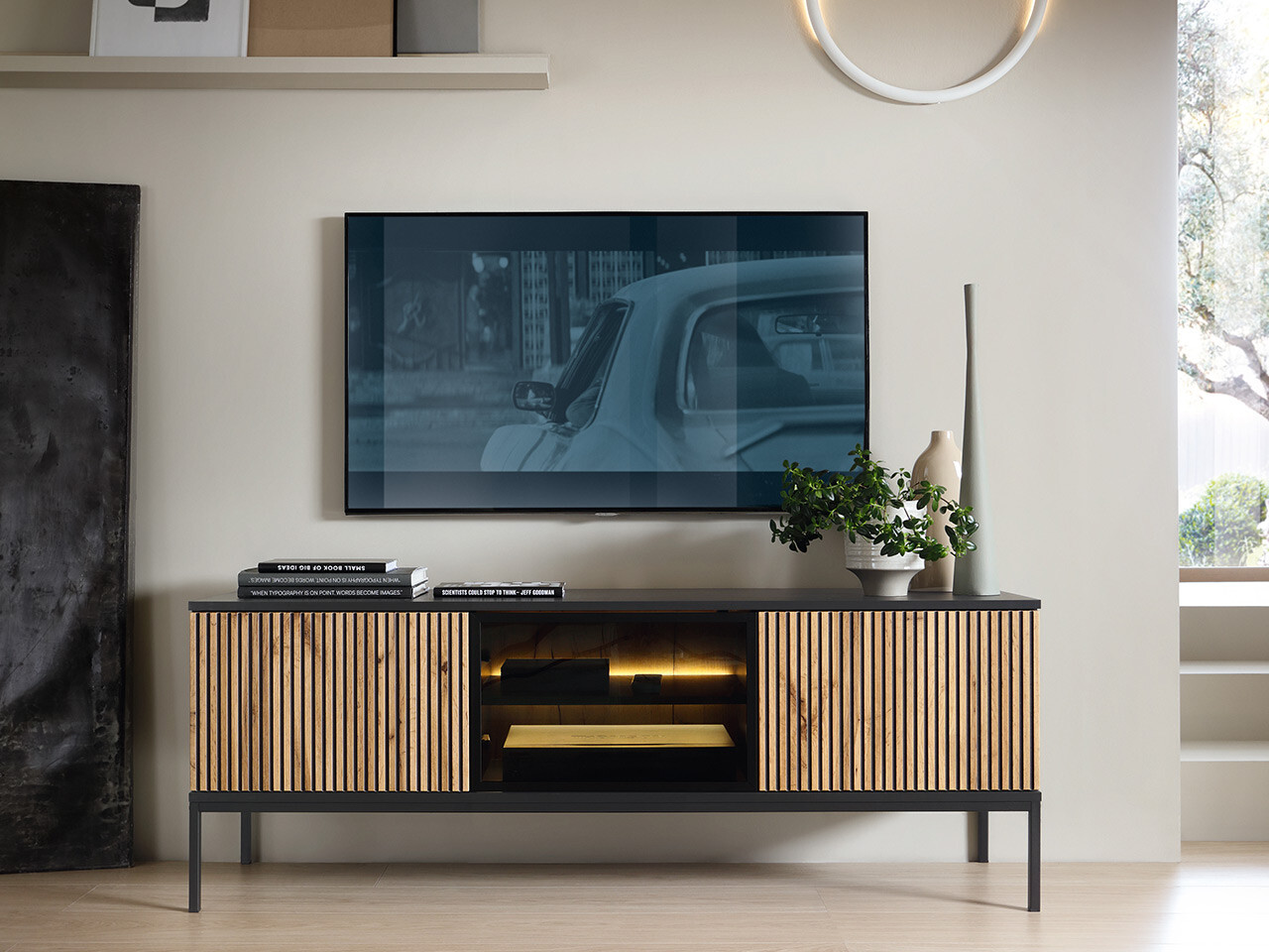 Mueble TV Soferi 111 (Negro + Roble wotan)