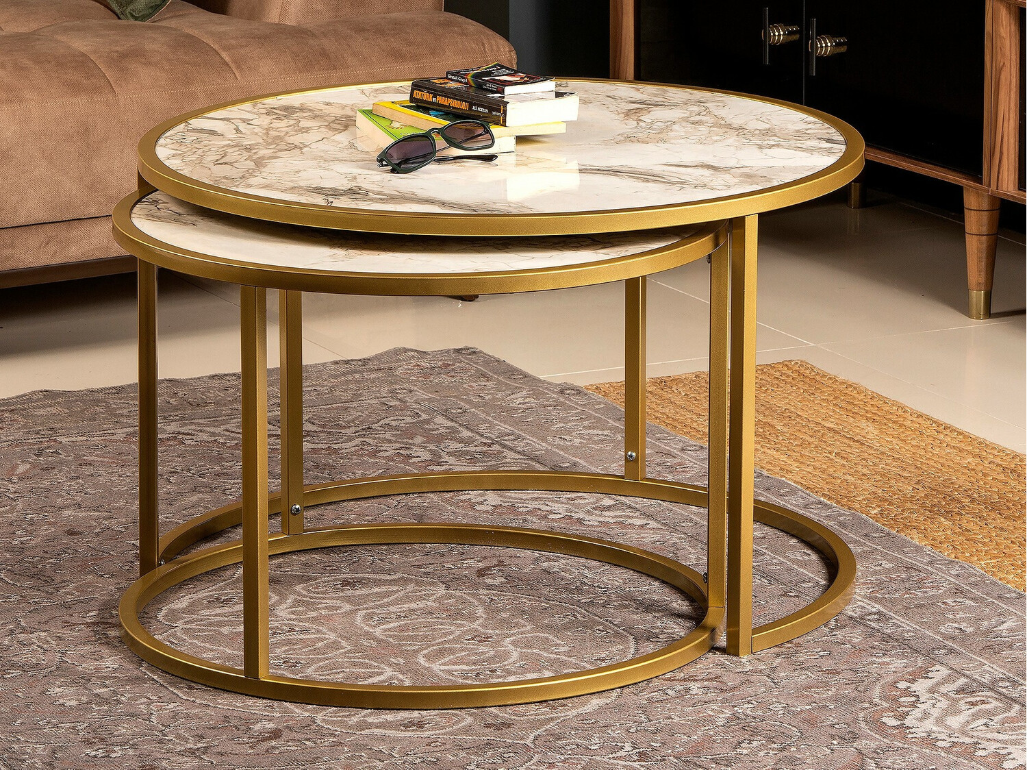 Conjunto mesa de centro Kailua 120 (Mármol blanco + Dorado)