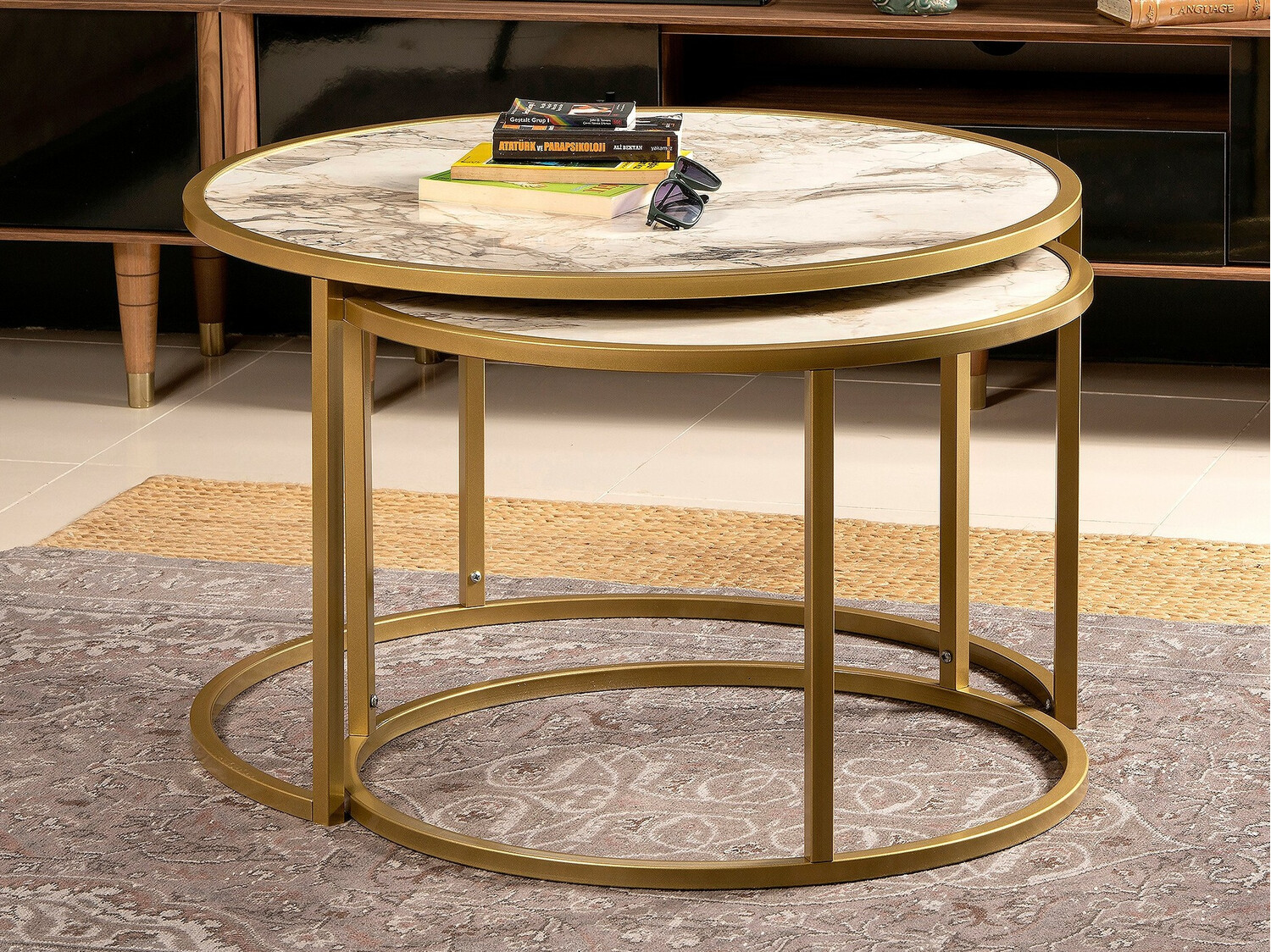 Conjunto mesa de centro Kailua 120 (Mármol blanco + Dorado)