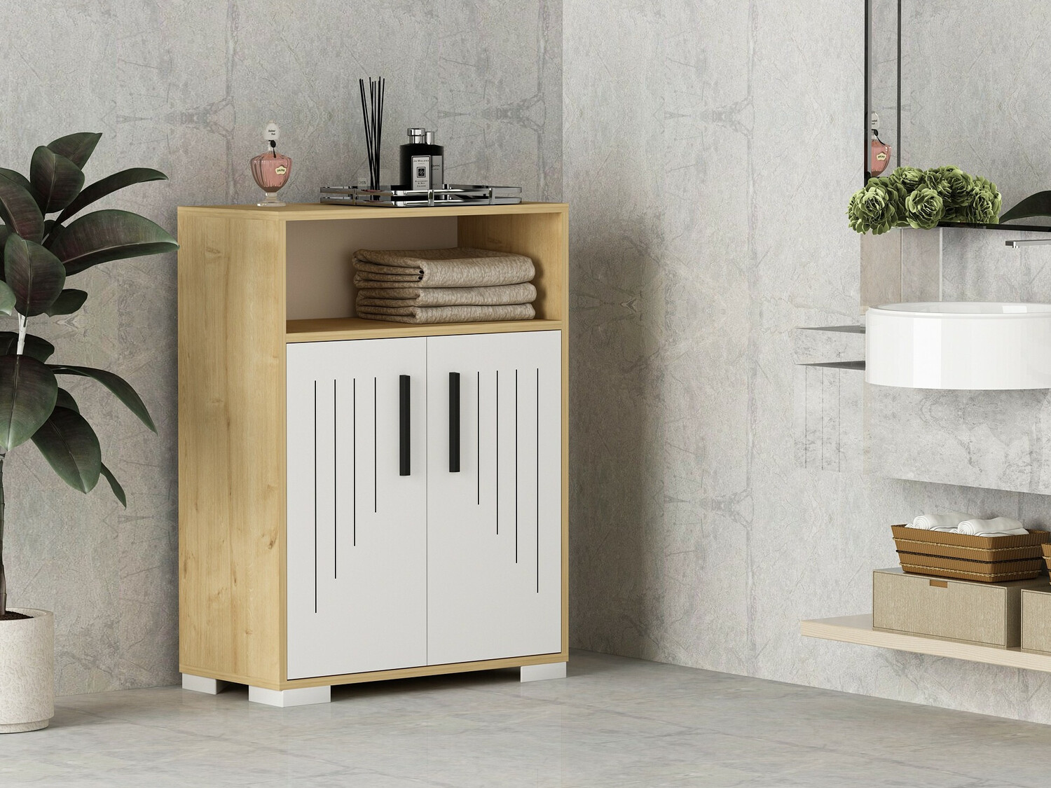 Armario de baño de pie Kailua 461 (Blanco + Roble)