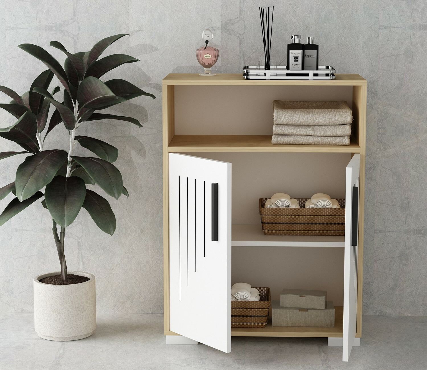 Armario de baño de pie Kailua 461 (Blanco + Roble)