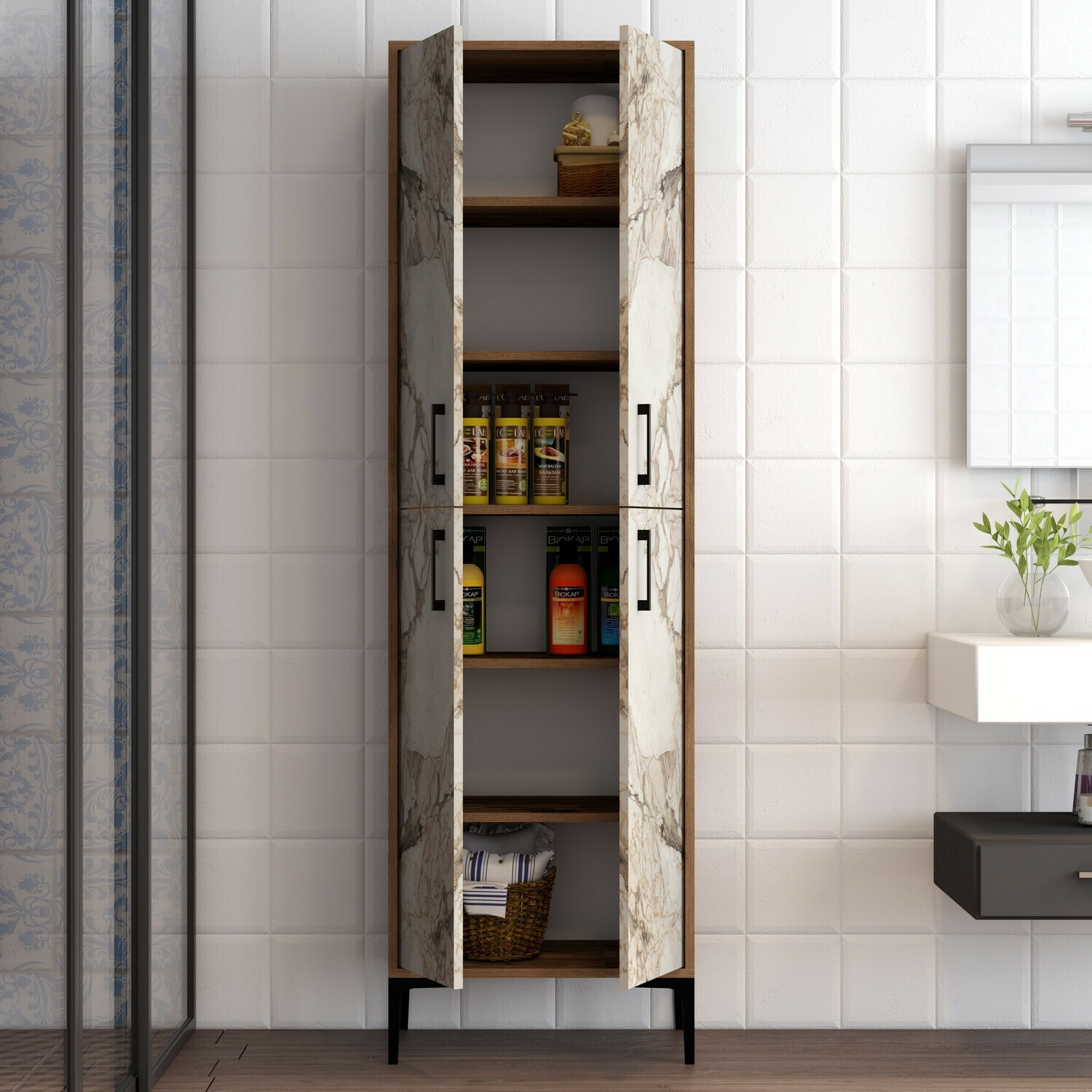 Armario de baño de pie Kailua 2068 (Nuez + Mármol marrón)