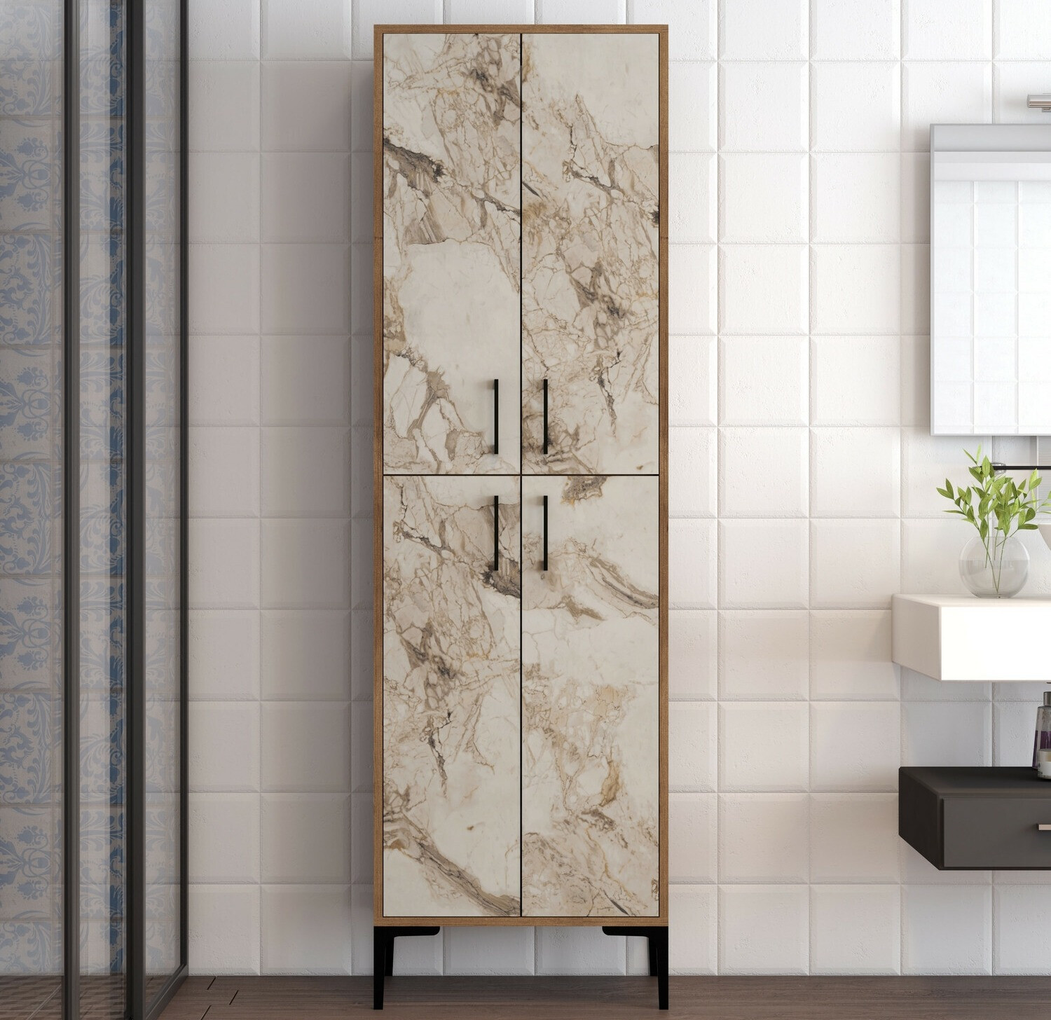 Armario de baño de pie Kailua 2068 (Nuez + Mármol marrón)