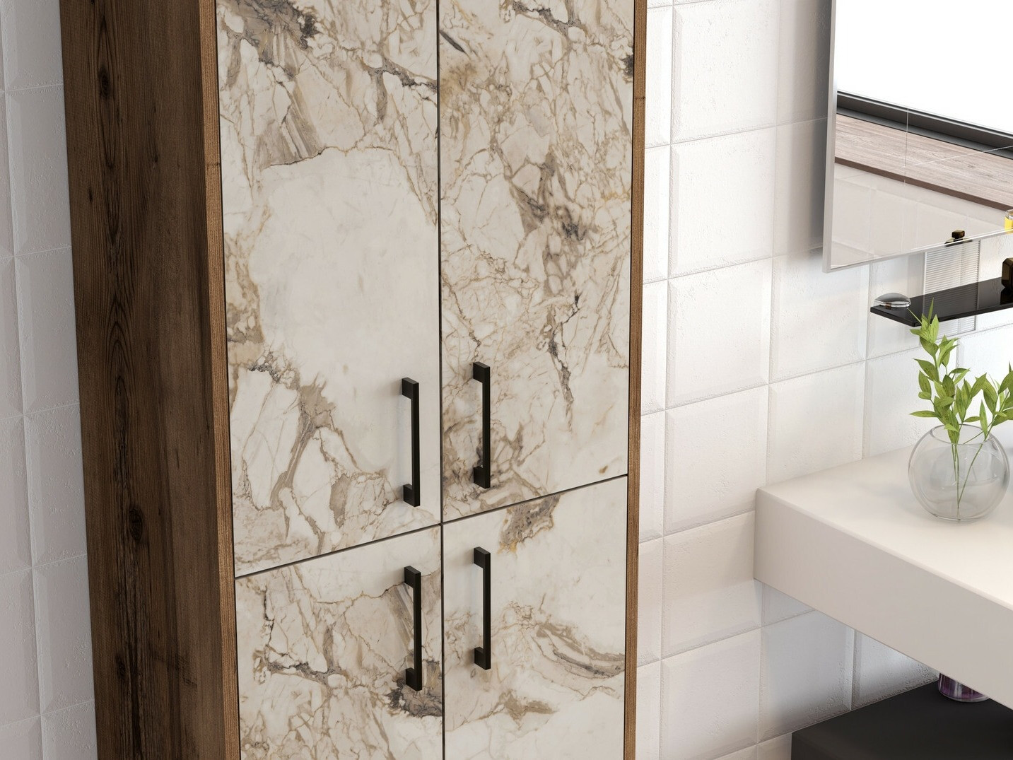 Armario de baño de pie Kailua 2068 (Nuez + Mármol marrón)