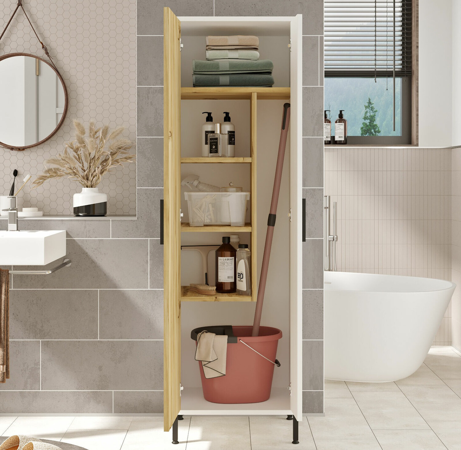 Armario de pie para baño Kailua 2071 (Blanco + Nuez)