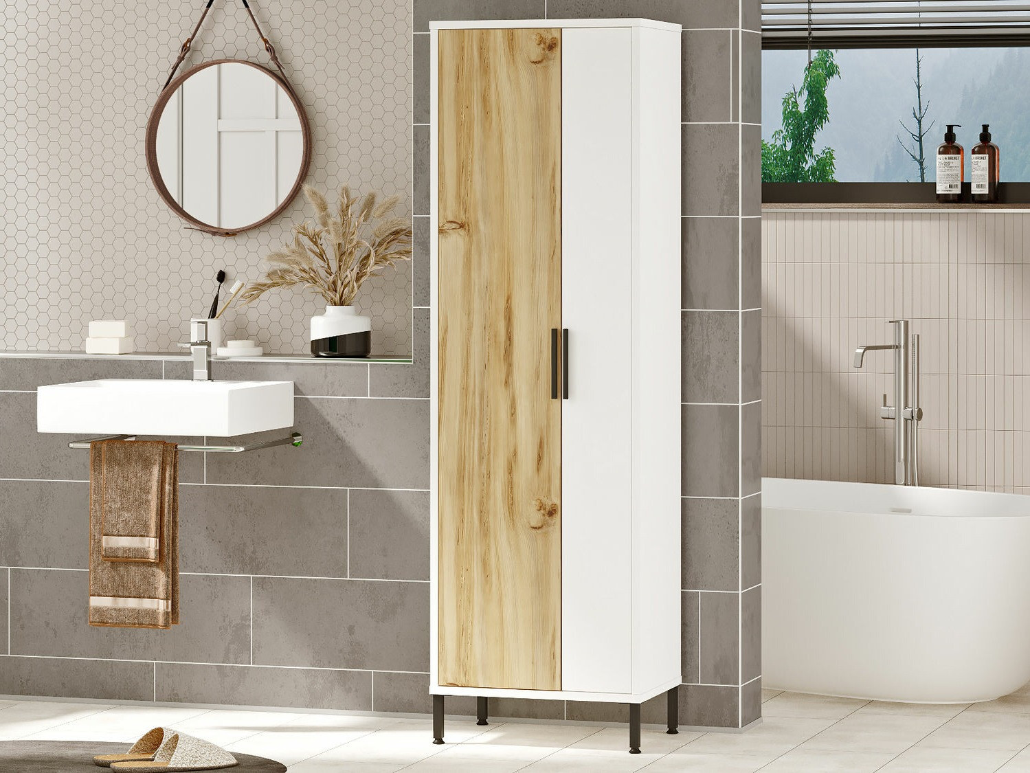 Armario de pie para baño Kailua 2071 (Blanco + Nuez)