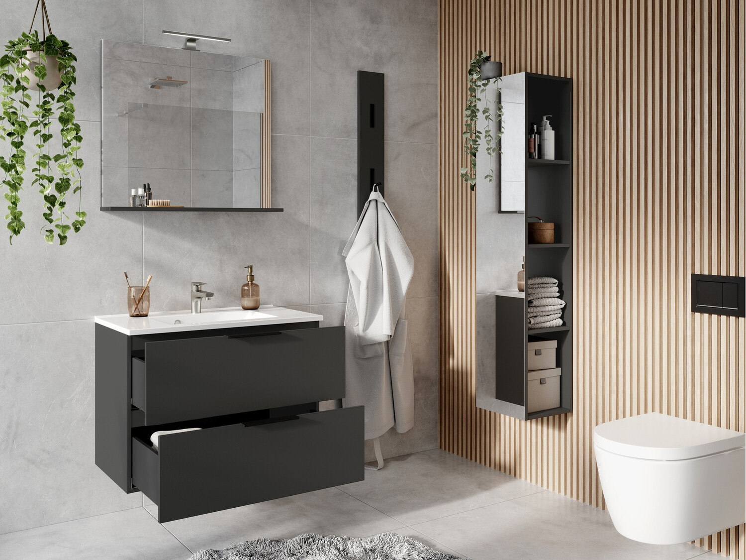 Armario de baño colgante para lavabo Temeli 108 (Grafito + Blanco)