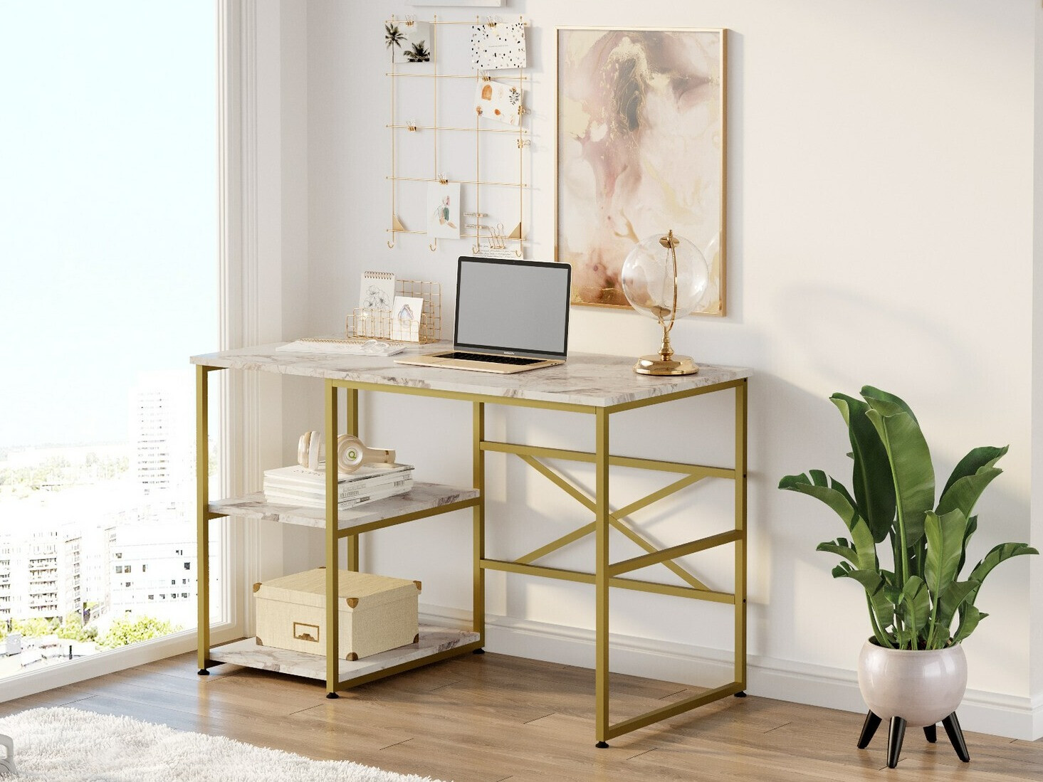 Mesa de oficina Kailua 668 (Dorado + Mármol blanco)