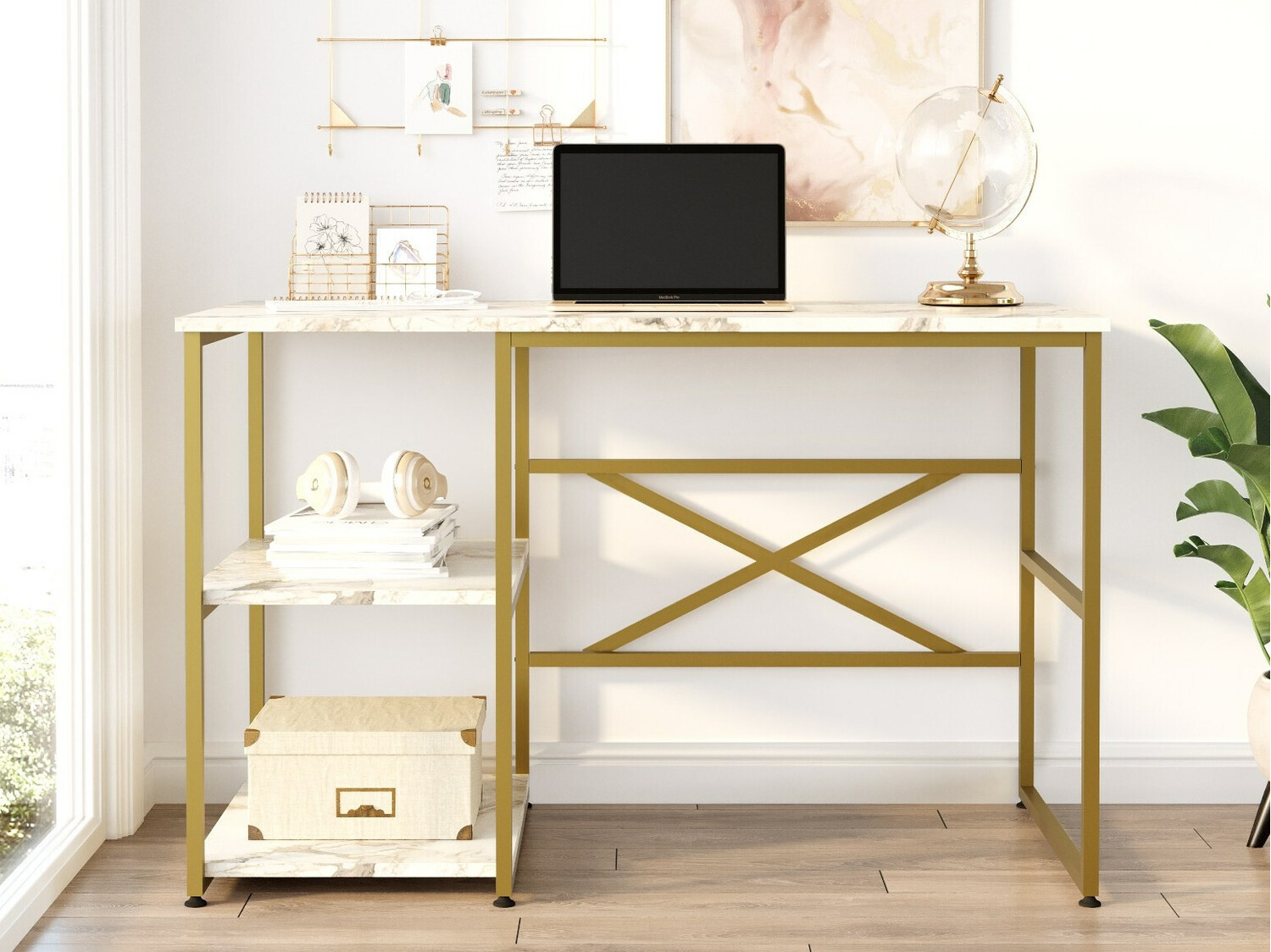 Mesa de oficina Kailua 668 (Dorado + Mármol blanco)