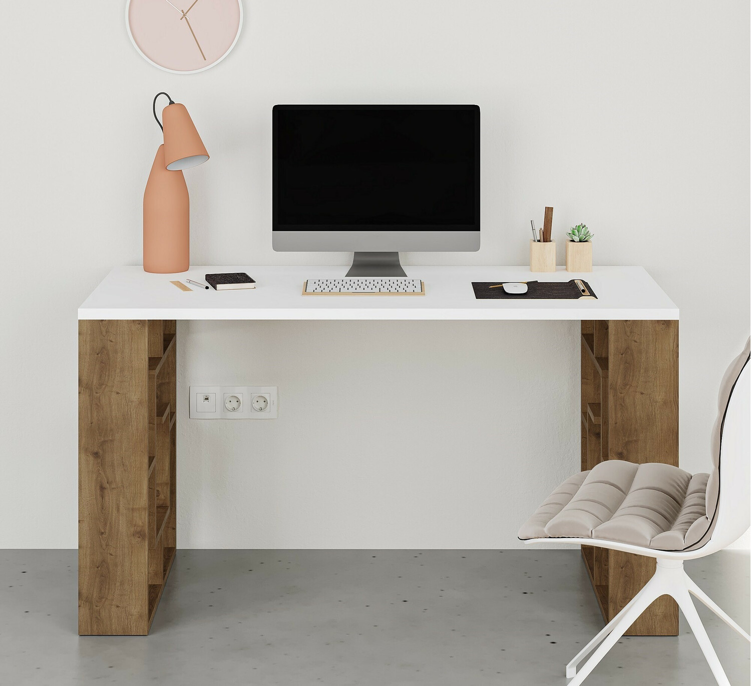 Mesa de oficina Kailua 813 (Blanco + Roble oscuro)