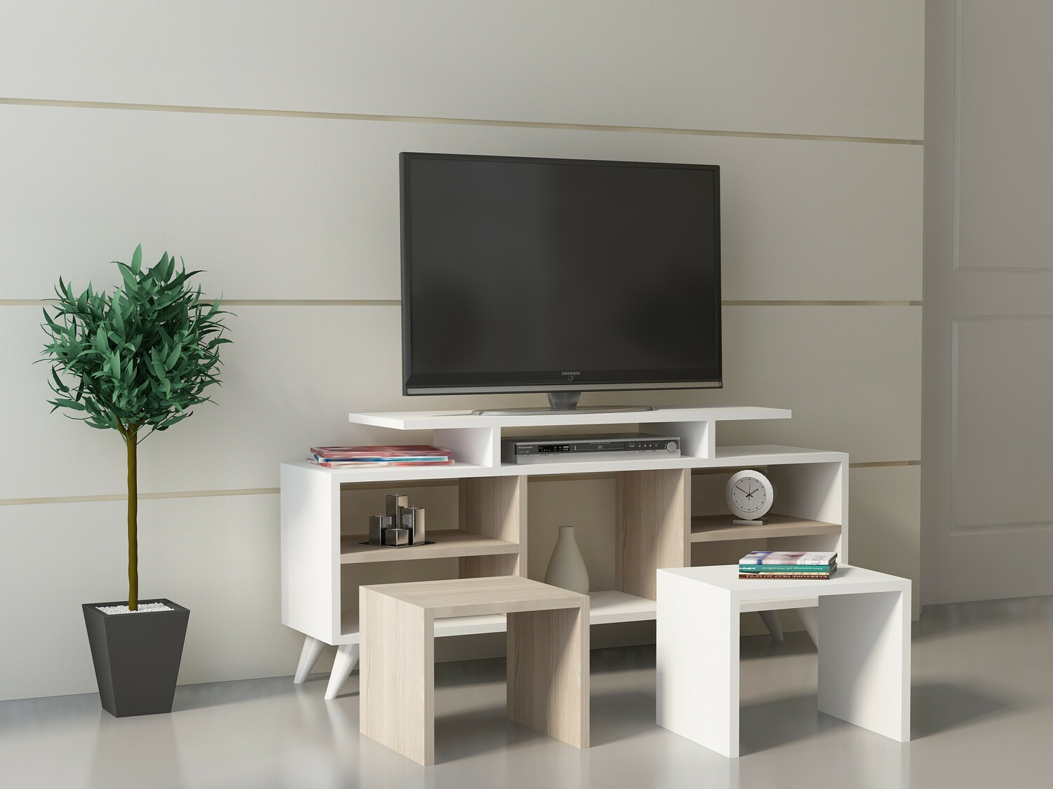 Mueble TV Kailua 816 (Blanco + Luminoso madera)