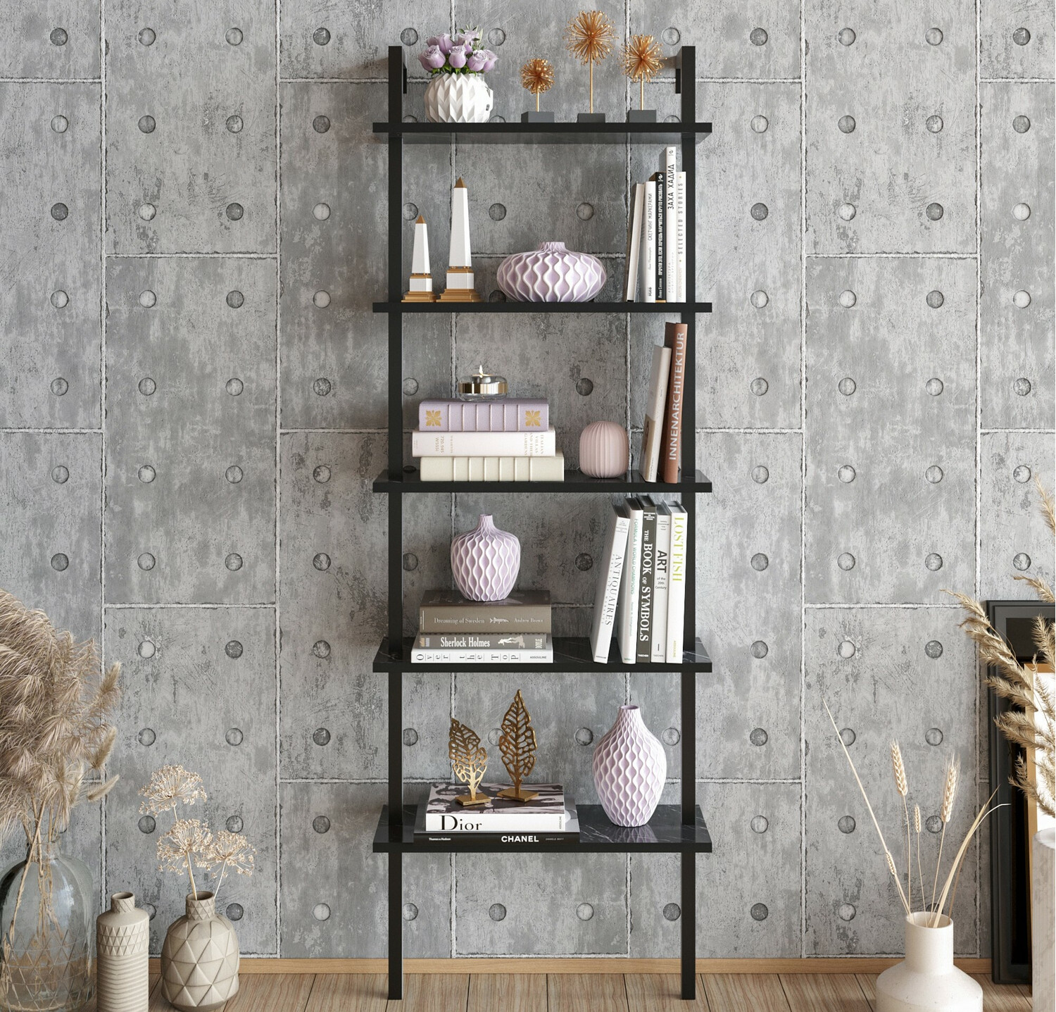 Estantería Kailua 1027 (Negro + Mármol negro)