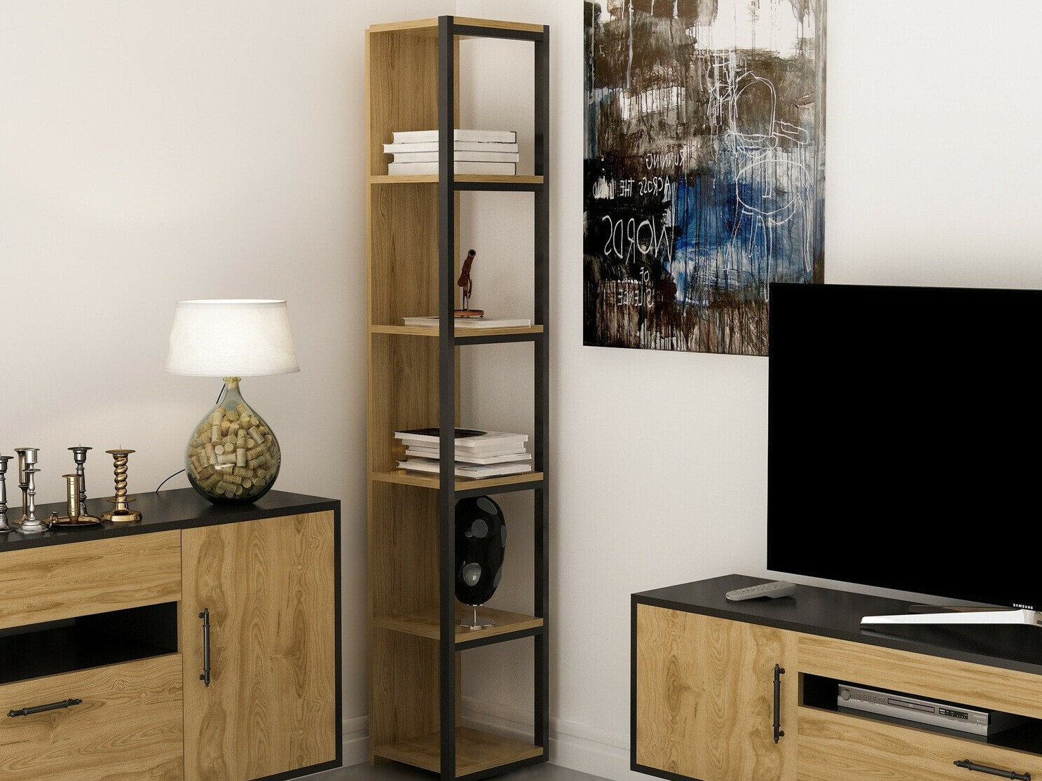 Estante de rincón Kailua 1077 (Roble + Negro)