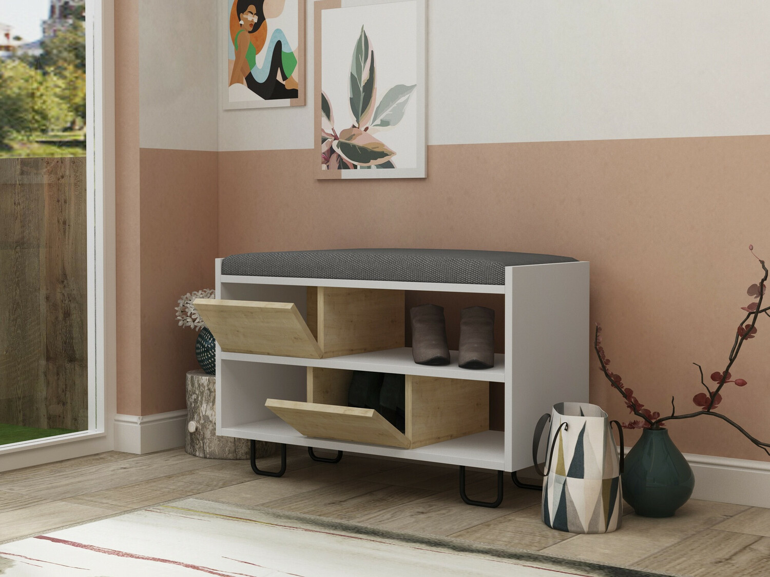 Estante para zapatos Kailua 1079 (Blanco + Roble)