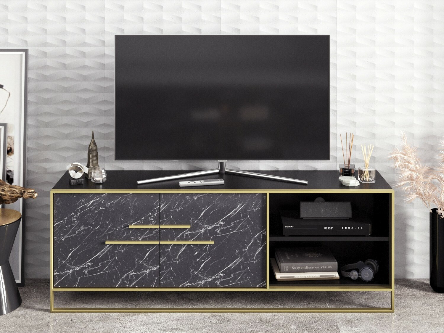 Mueble TV Kailua 1169 (Dorado + Mármol negro)