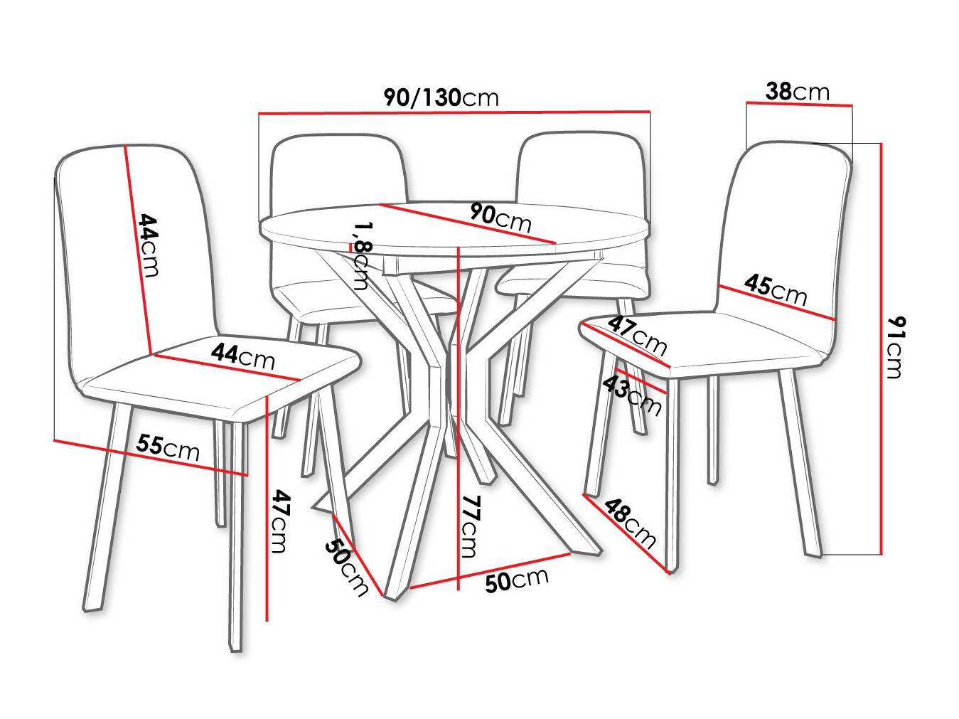 Conjunto de mesas y sillas para comedor Edmond 118 (Blanco + Negro)