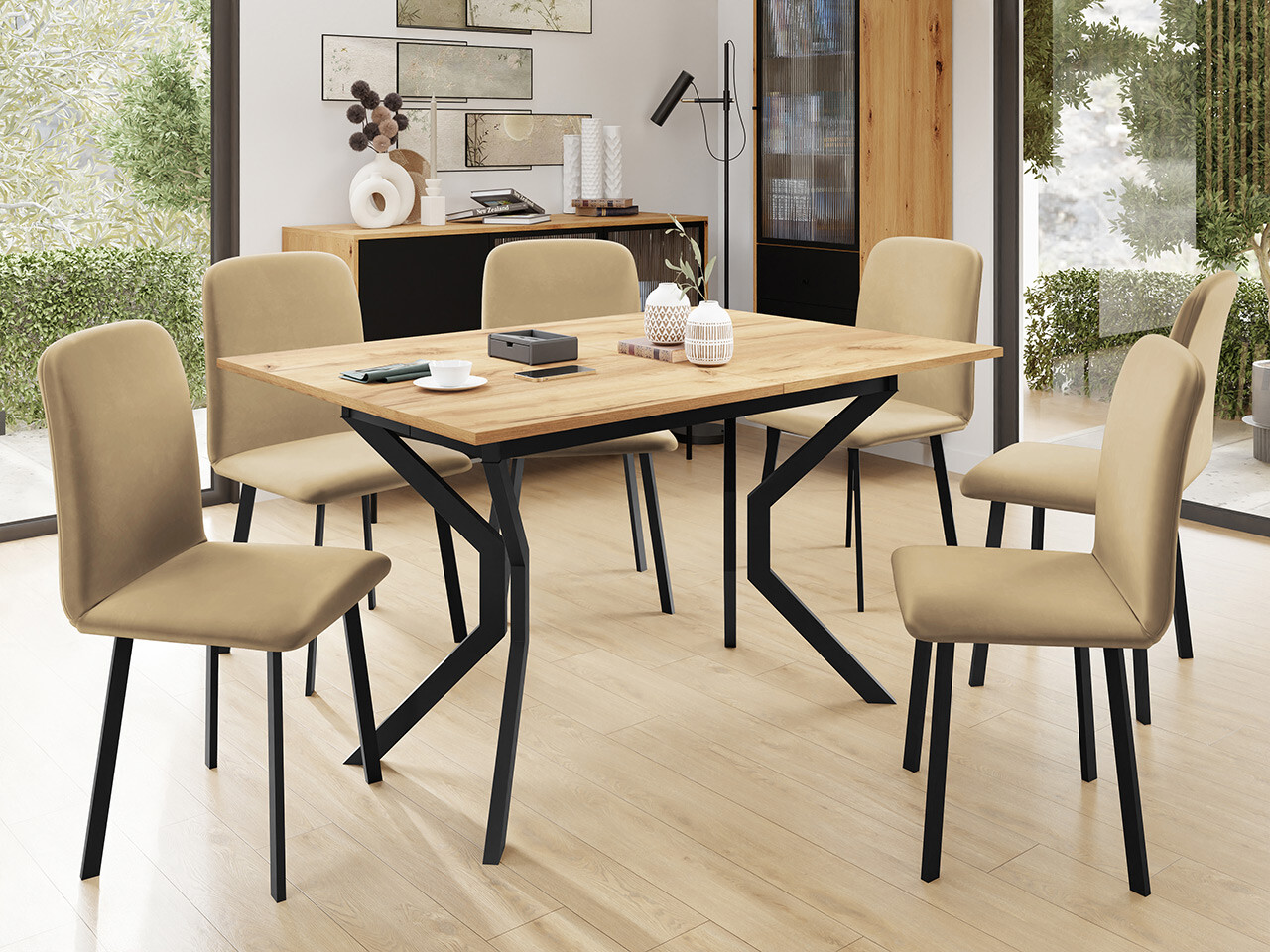Conjunto de comedor Edmond 120 (Roble dorado artesanal + Negro)