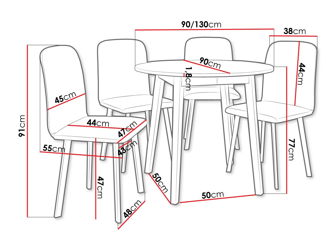 Conjunto de mesas y sillas para comedor Edmond 119 (Blanco + Negro)
