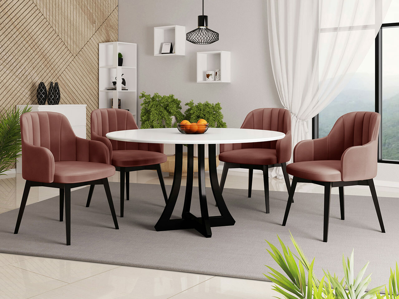 Conjunto de comedor Racine 128 (Blanco brillante + Negro brillante)