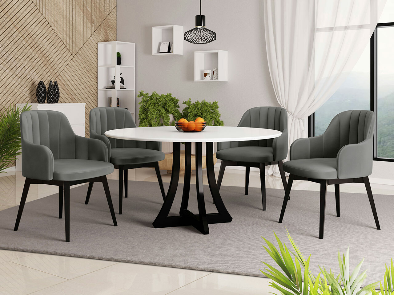Conjunto de comedor Racine 137 (Blanco brillante + Negro brillante)