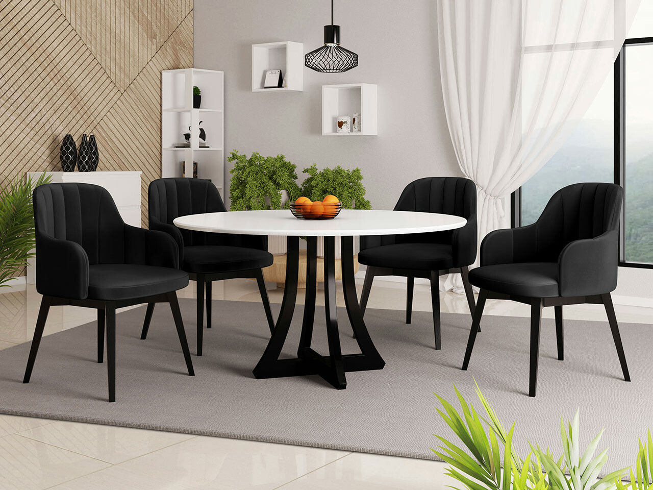 Conjunto de comedor Racine 137 (Blanco brillante + Negro brillante)