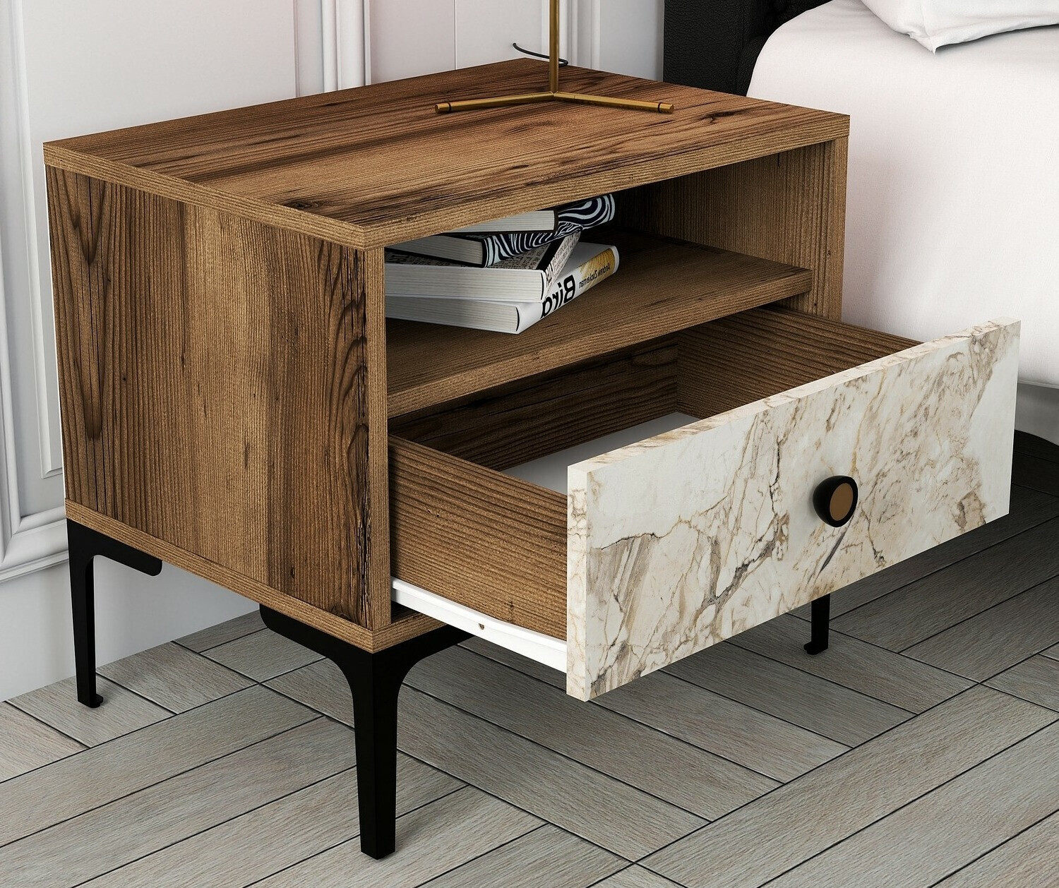 Mesilla de noche Kailua 1516 (Nogal + Mármol blanco)