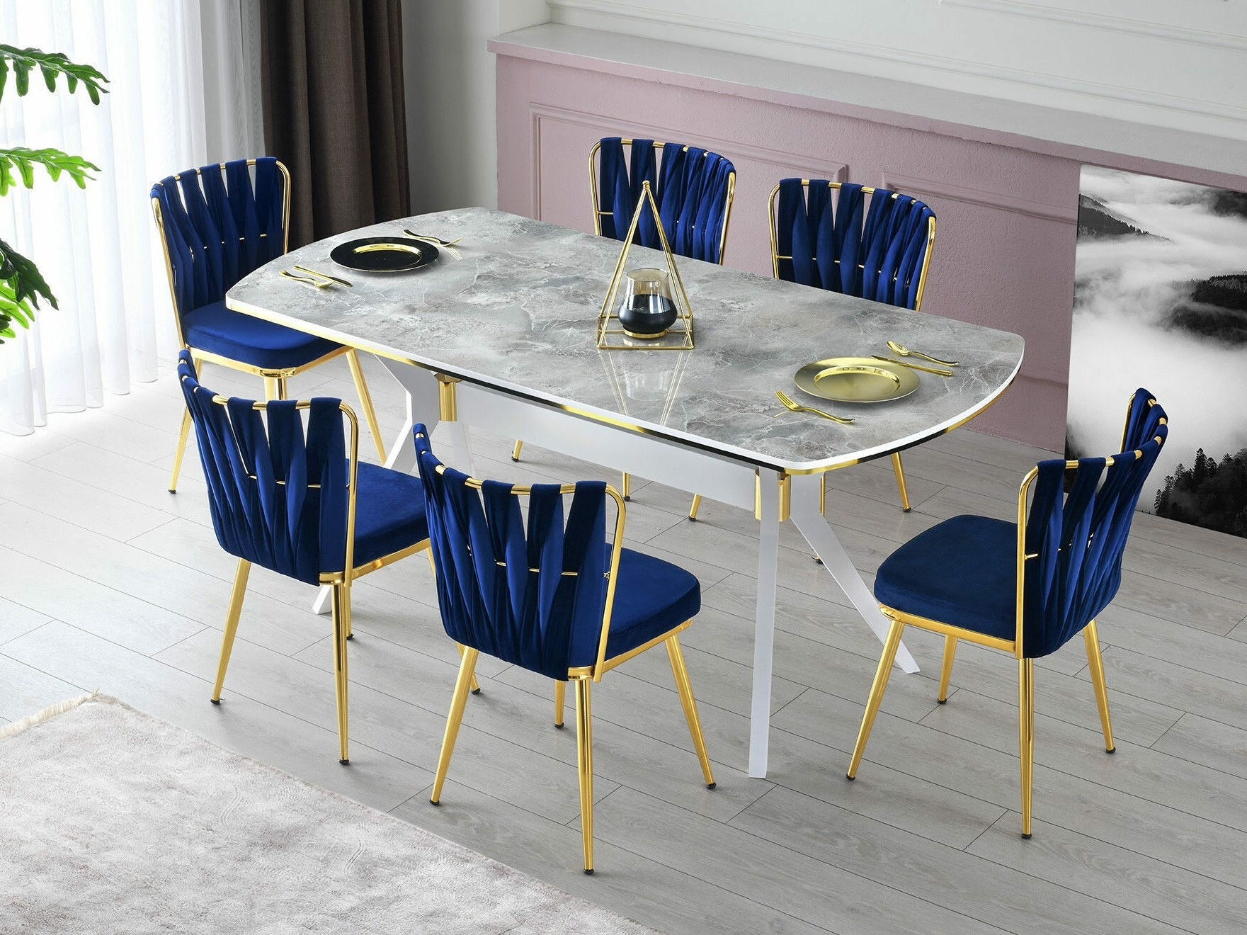 Conjunto de sillas Kailua 1648 (Azul oscuro + Dorado)