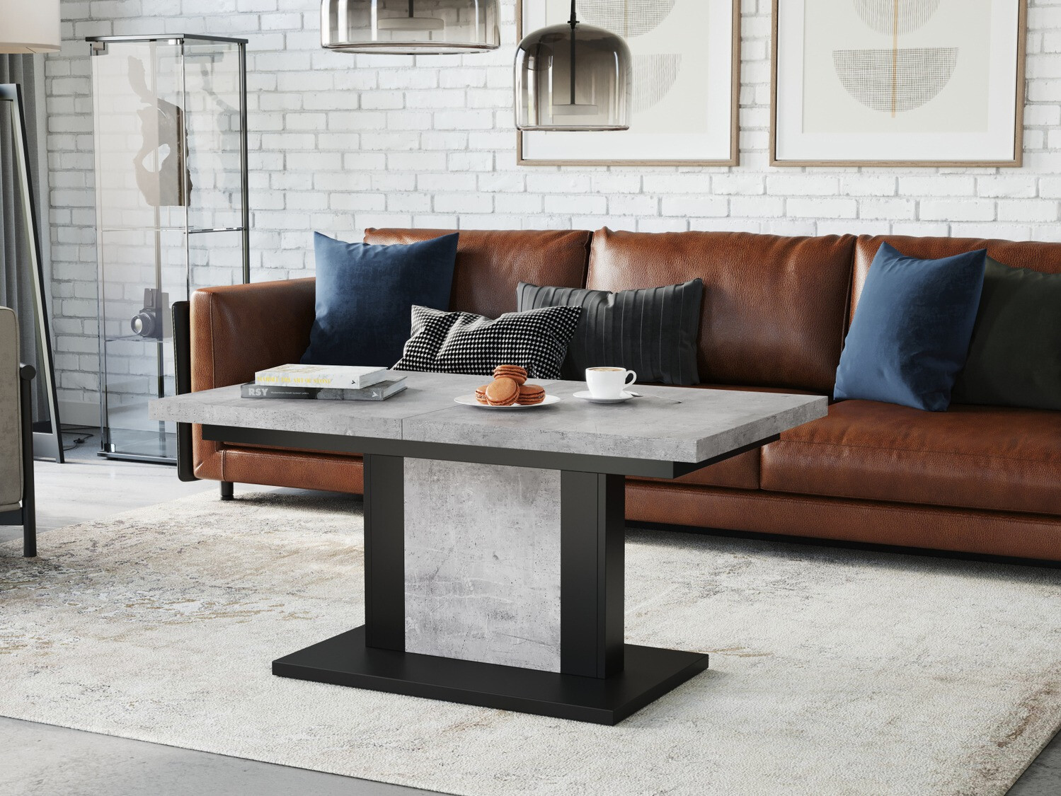 Mesa de centro convertible Glendale 103 (Hormigón + Negro)