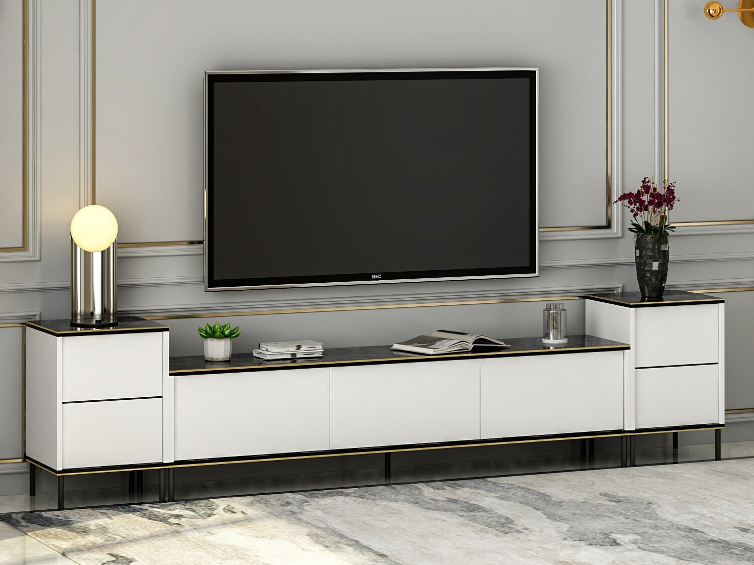 Mueble TV Kailua 1707 (Blanco + Mármol negro)