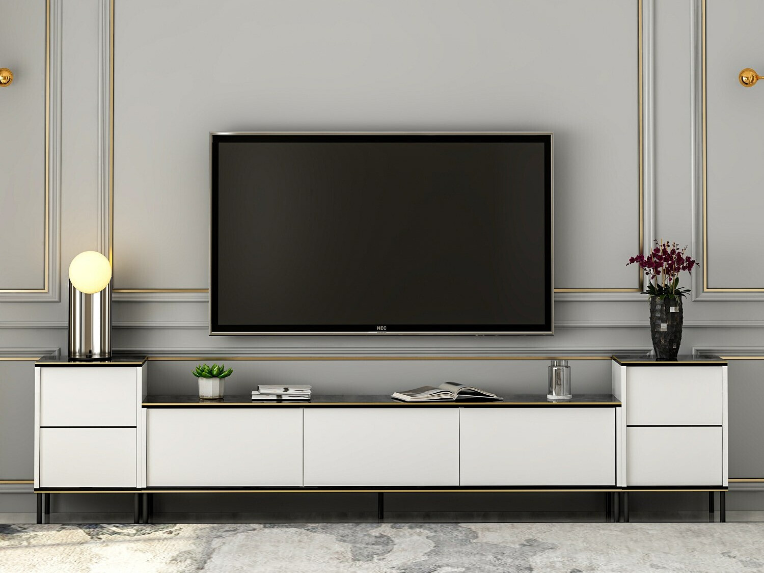Mueble TV Kailua 1707 (Blanco + Mármol negro)
