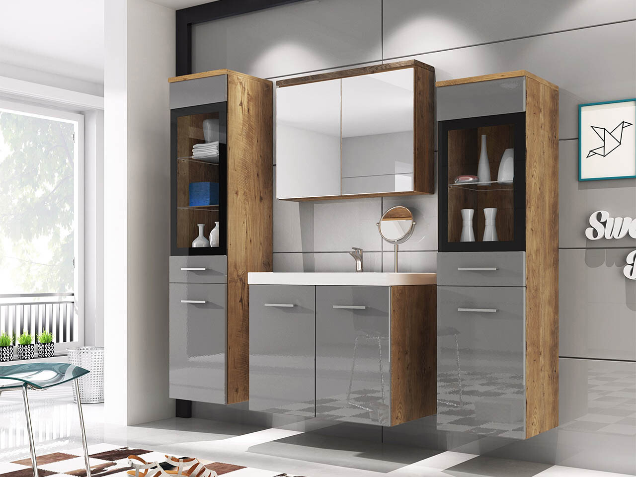 Conjunto de mueble de baño Sarasota 140 (Gris brillante + Castaña)