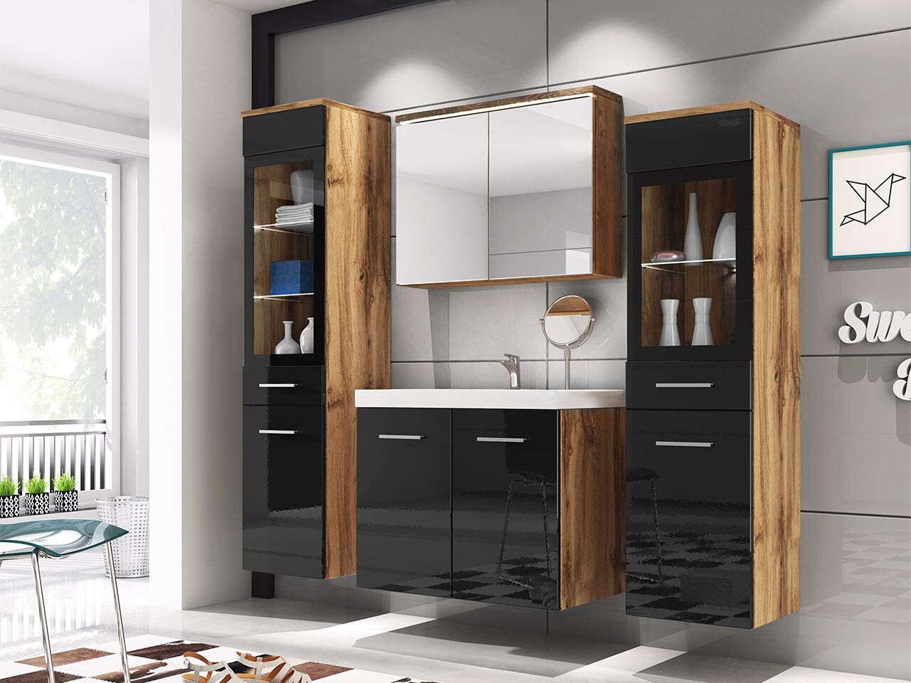 Conjunto de mueble de baño Sarasota 140 (Negro brillante + Roble wotan)