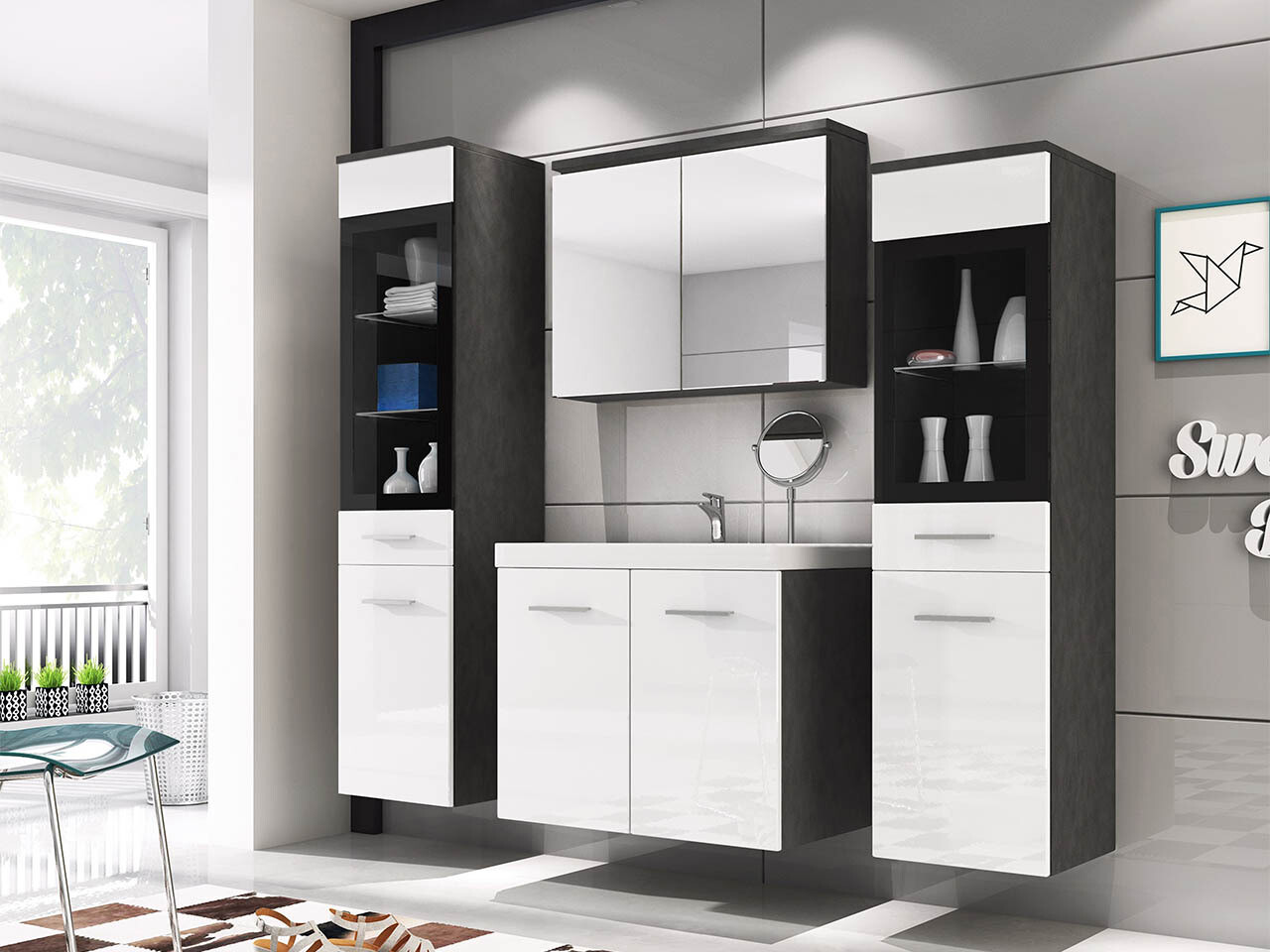 Conjunto de mueble de baño Scientia III (Blanco brillante + Madera gris)
