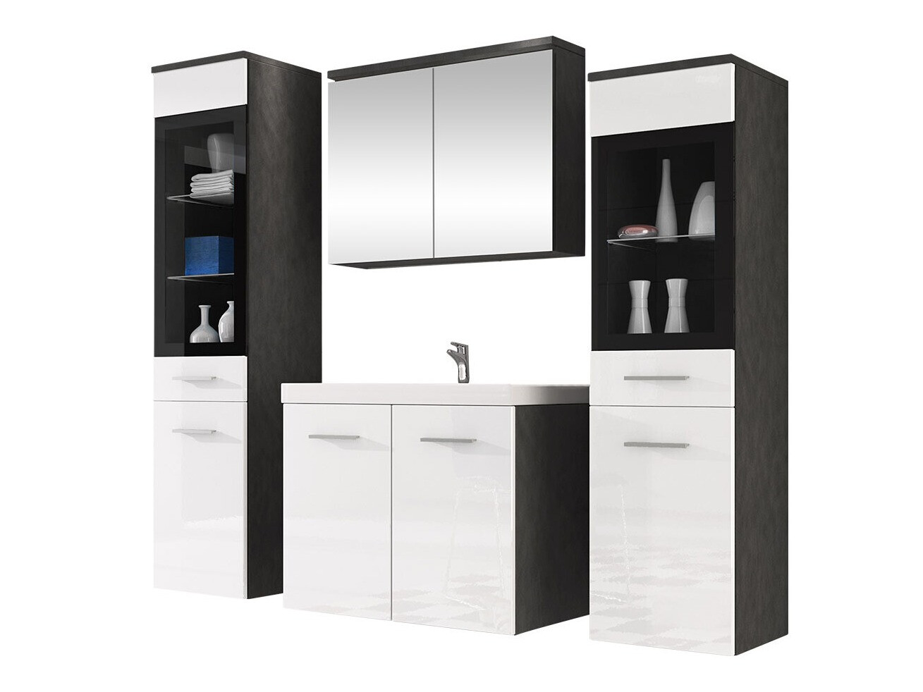 Conjunto de mueble de baño Scientia III (Blanco brillante + Madera gris)