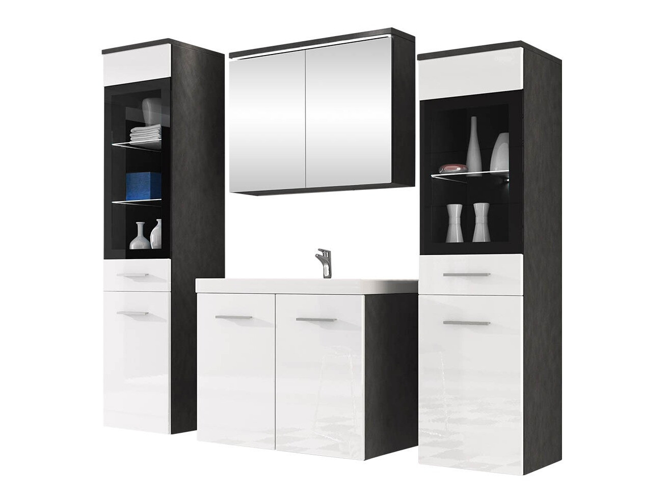 Conjunto de mueble de baño Scientia III (Blanco brillante + Madera gris)