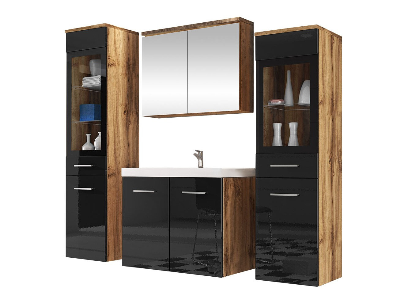 Conjunto de mueble de baño Scientia III (Negro brillante + Roble wotan)