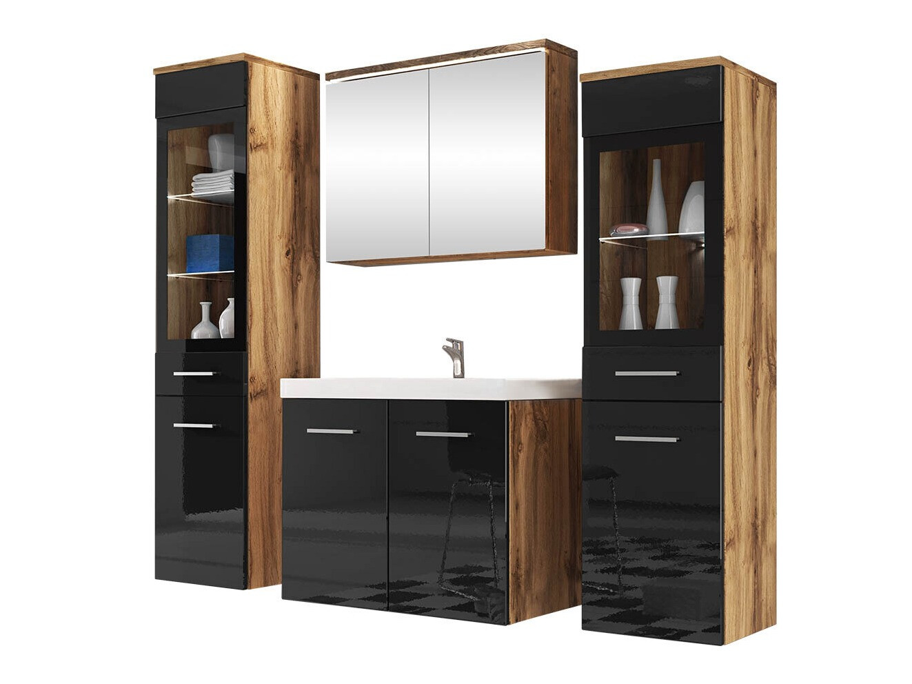 Conjunto de mueble de baño Scientia III (Negro brillante + Roble wotan)