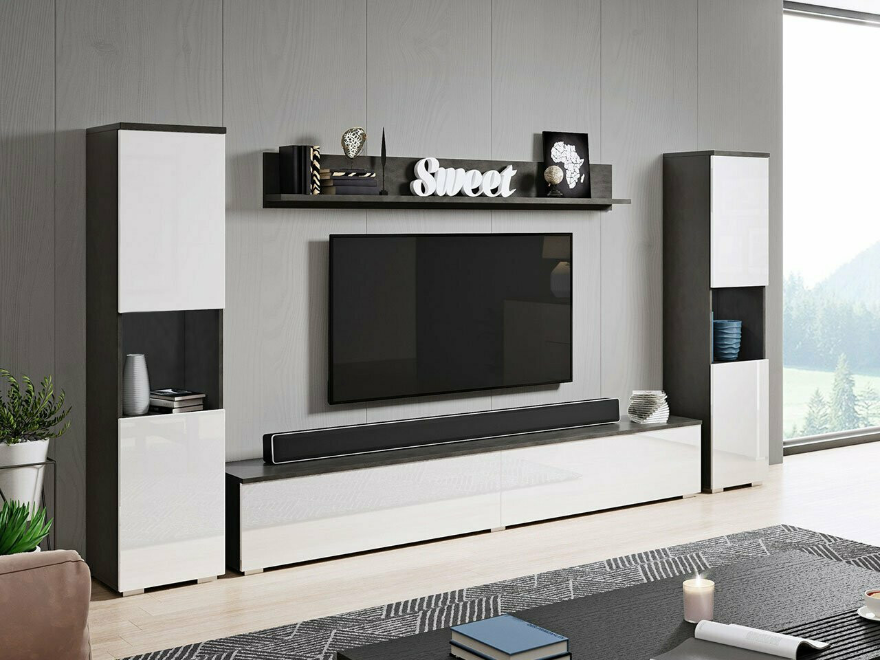 Conjunto de salón Sarasota 131 (Gris oscuro + Blanco brillante)