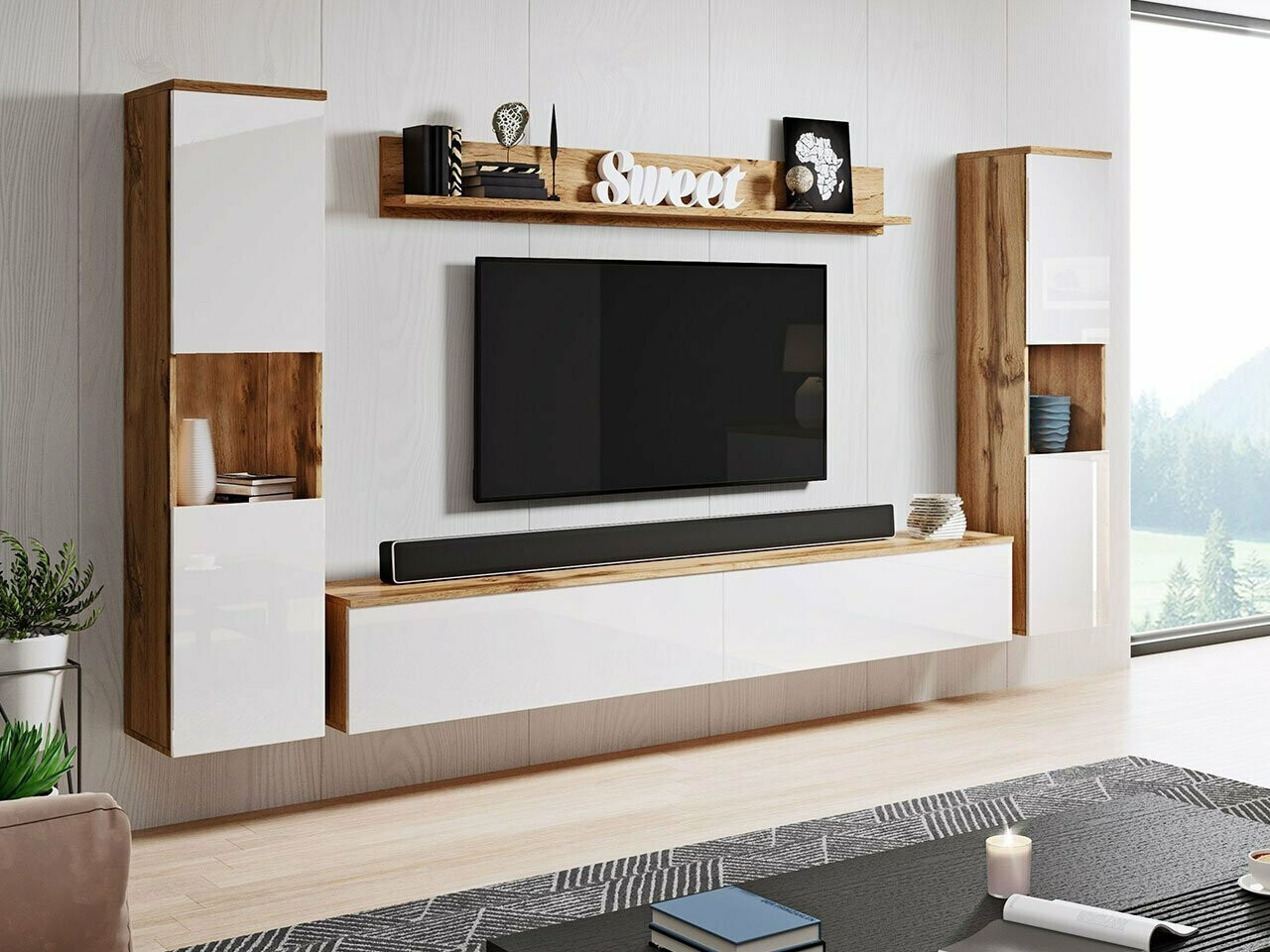 Conjunto de salón Sarasota 131 (Roble wotan + Blanco brillante)