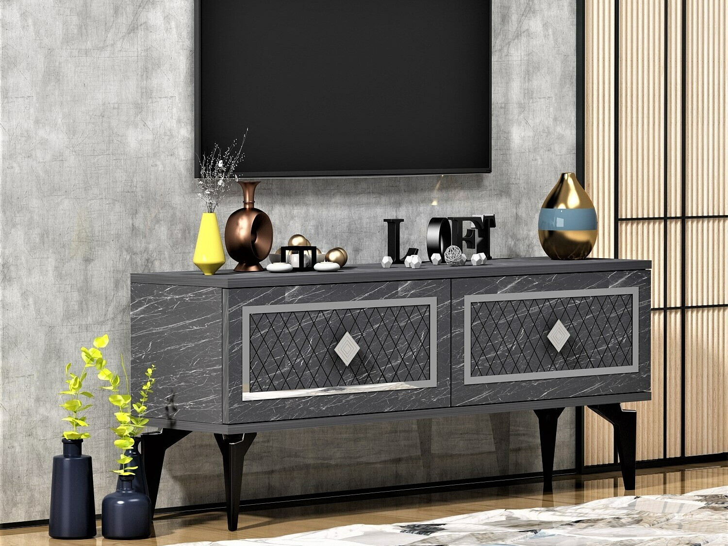 Mueble TV Kailua 1984 (Plata + Mármol negro)