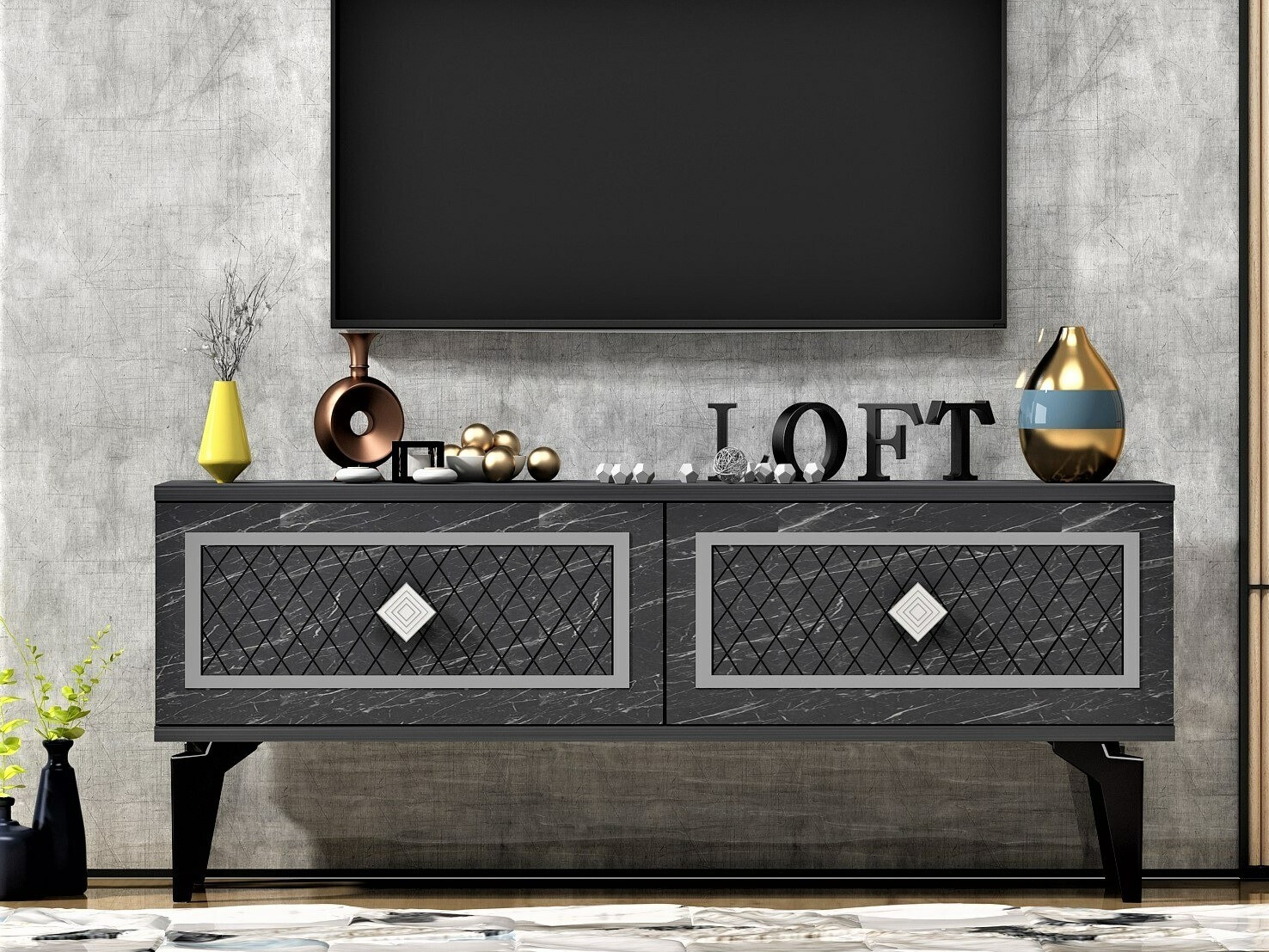 Mueble TV Kailua 1984 (Plata + Mármol negro)