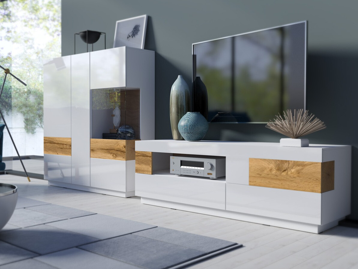 Conjunto de salón Livlore 110 (Blanco + Blanco brillante + Roble wotan)