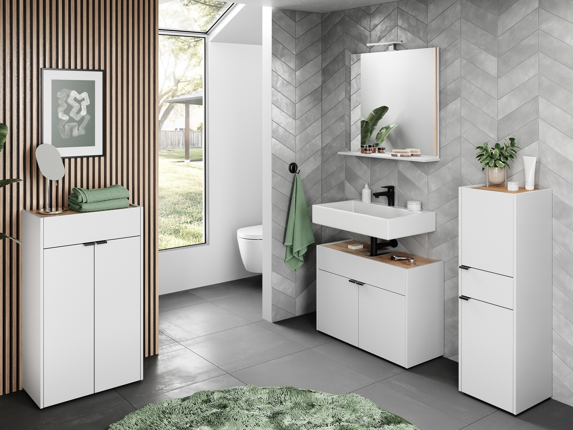 Armario de baño de pie para lavabo Ventei 100 (Blanco + Navarra roble)