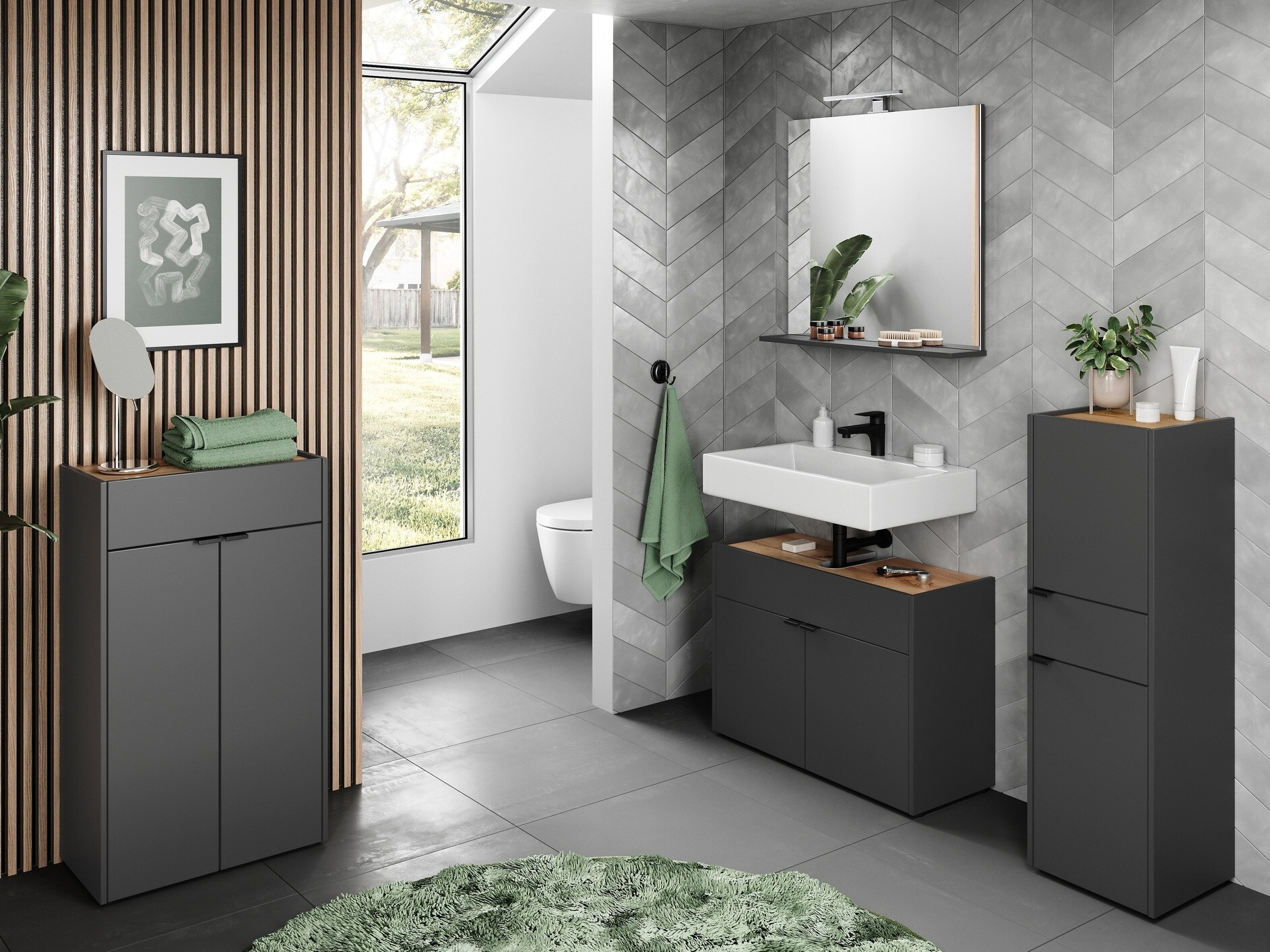 Armario de baño de pie para lavabo Ventei 100 (Grafito + Navarra roble)