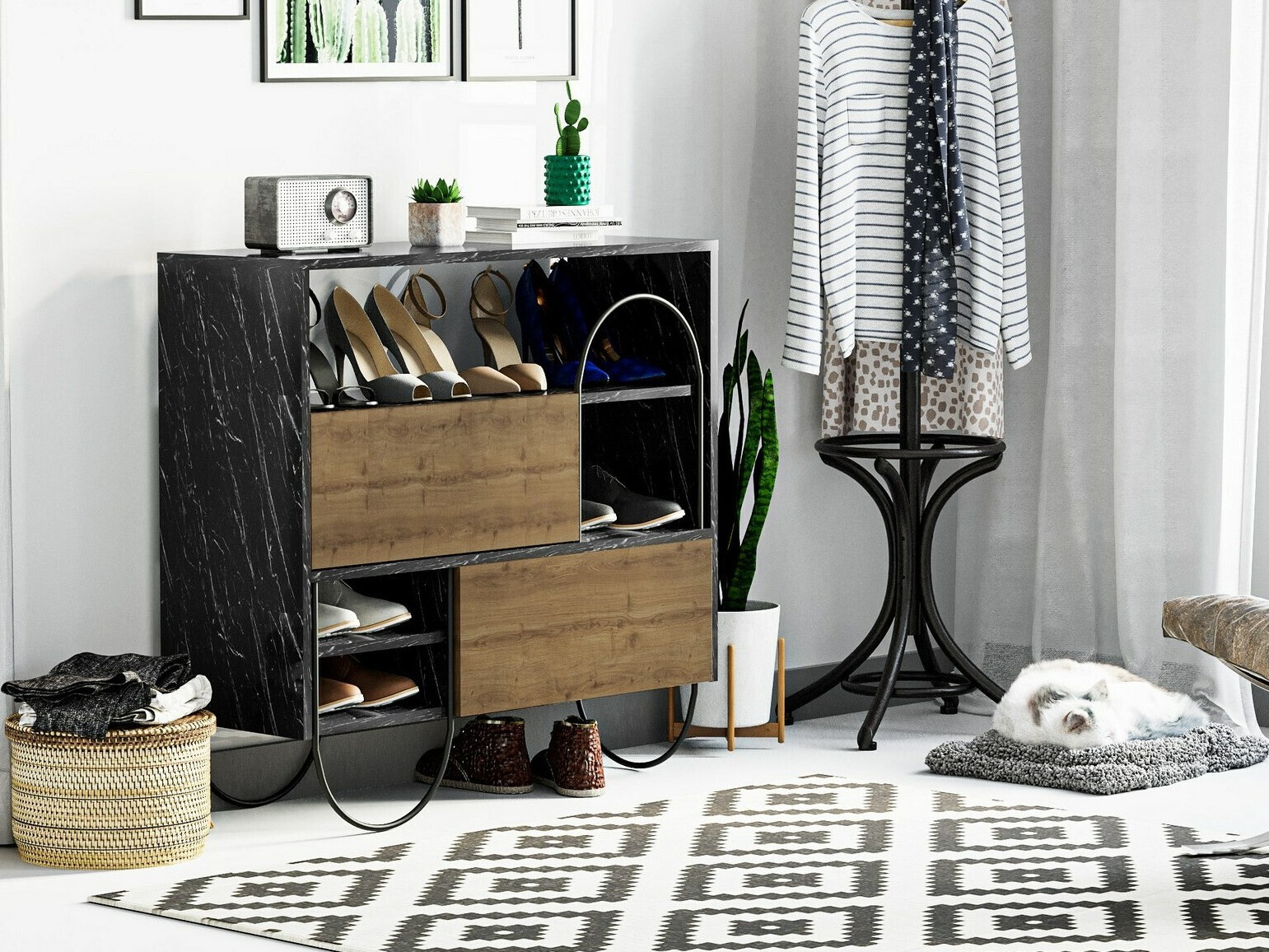 Estante para zapatos Kailua 2018 (Mármol negro + Madera oscura)